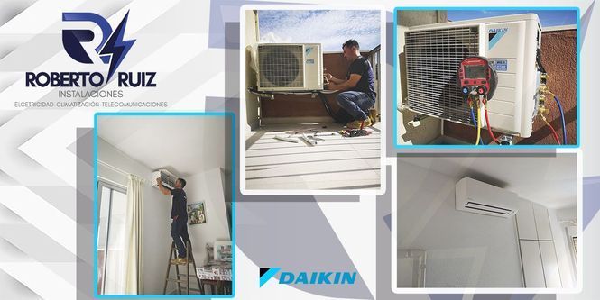 Un hombre está instalando un aire acondicionado Daikin en una habitación.