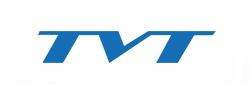 Un logotipo de TVT azul sobre un fondo blanco