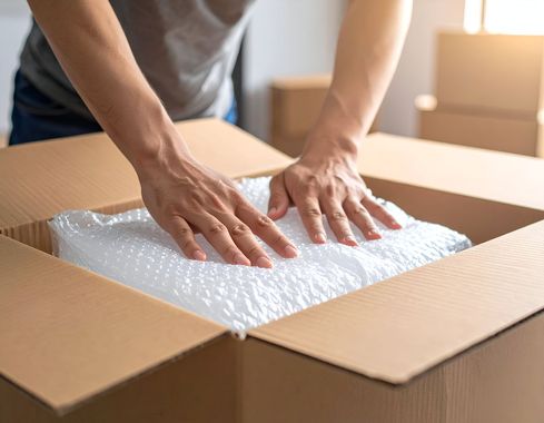 Eine Person legt ein Blatt weisse Luftpolsterfolie in einen braunen Umzugskarton.