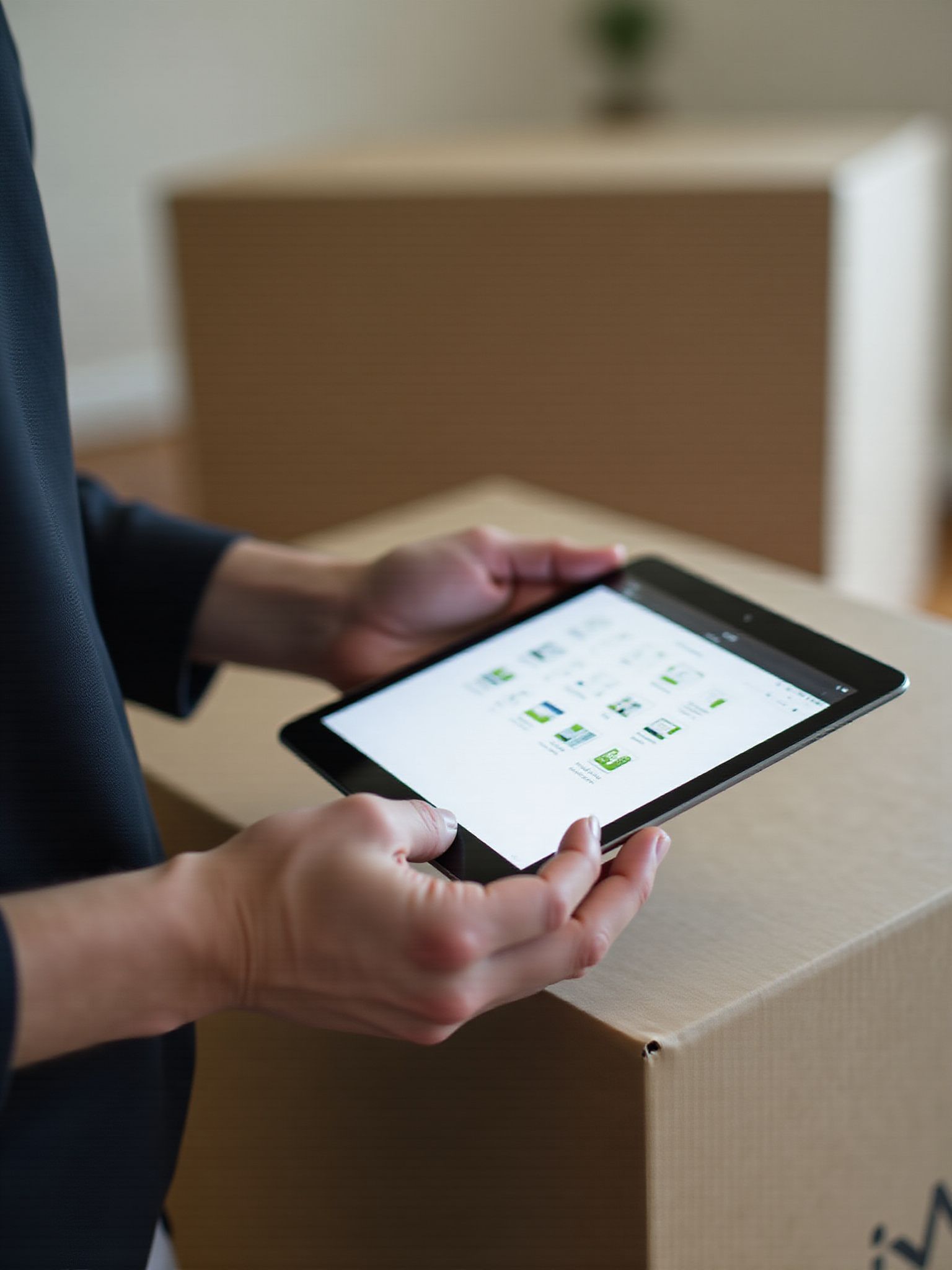 Eine Person hält ein Tablet mit App-Symbolen in der Hand; im Hintergrund sind Umzugskartons aus Pappe zu sehen.