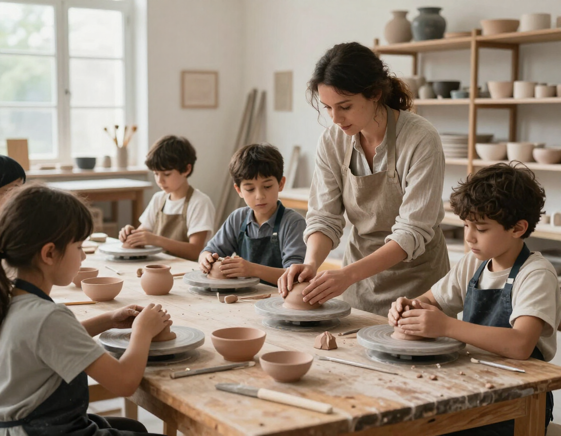 Una profesora guía a unos niños en una clase de cerámica alrededor de una mesa de madera con cuencos de arcilla y herramientas