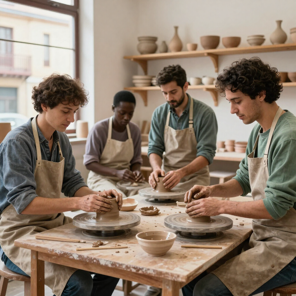 Cuatro personas dando forma a la arcilla en una mesa de alfarería en un estudio luminoso, con estantes llenos de cuencos de cerámica detrás