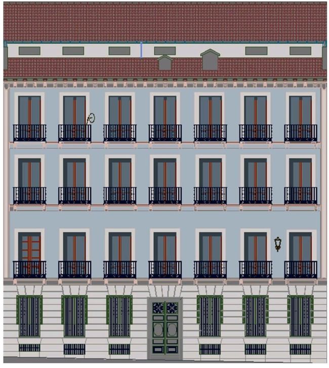 Un dibujo de un edificio con muchas ventanas y balcones.