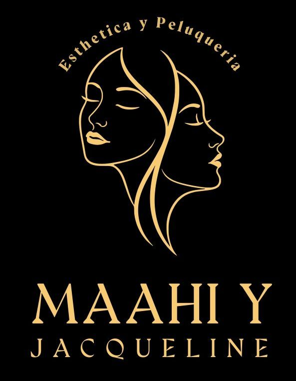 Logotipo dorado de &ldquo;Maahi y Jacqueline&rdquo; con contornos faciales estilizados y &ldquo;Estetica y Peluqueria&rdquo; sobre fondo negro.