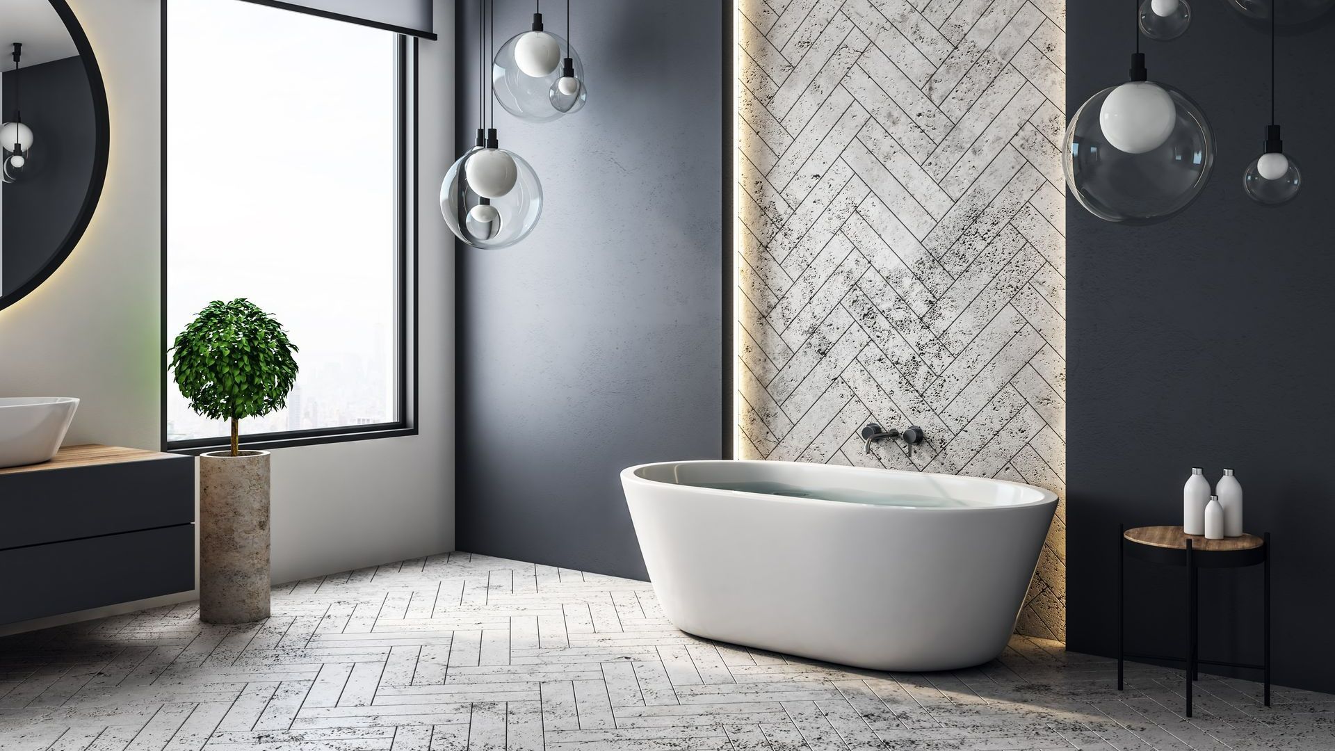 Salle de bain moderne grise avec baignoire blanche