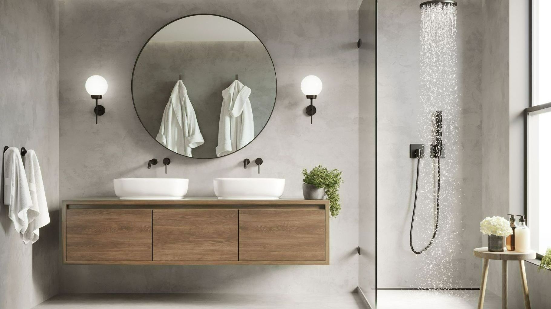 Salle de bain moderne avec meubles en bois