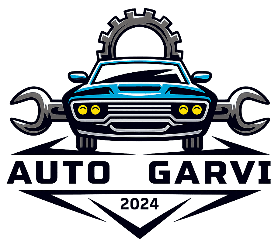 Logotipo de taller mecánico con coche azul, llaves inglesas, engranaje y el texto “AUTO GARVI 2024”.