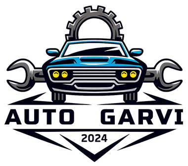 Logotipo de taller mecánico con coche azul, llaves inglesas, engranaje y el texto “AUTO GARVI 2024”.