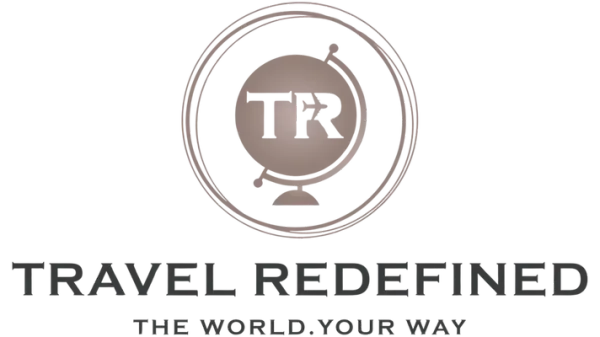 The logo for travel redefined the world your way is a globe in a circle.