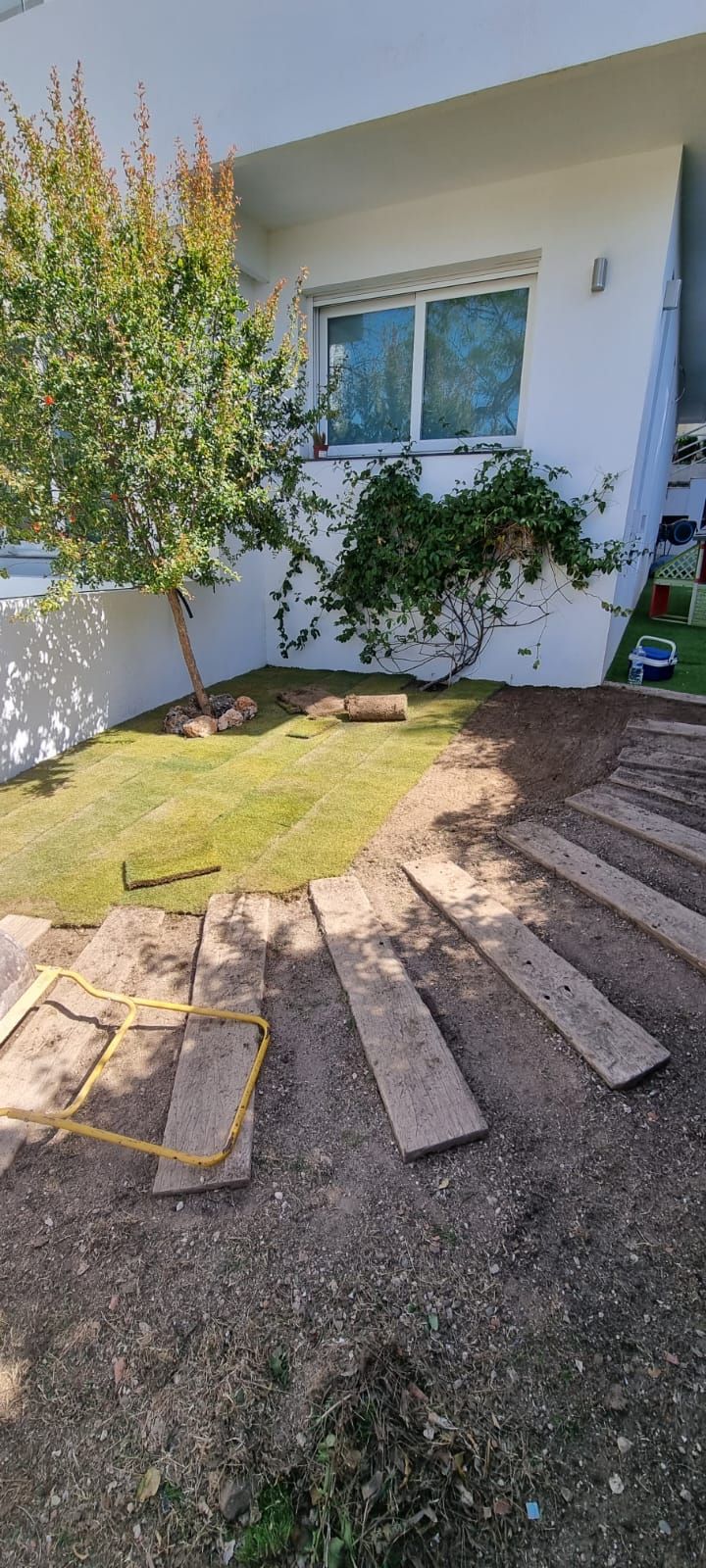 Un césped con un árbol y escalones delante de una casa.