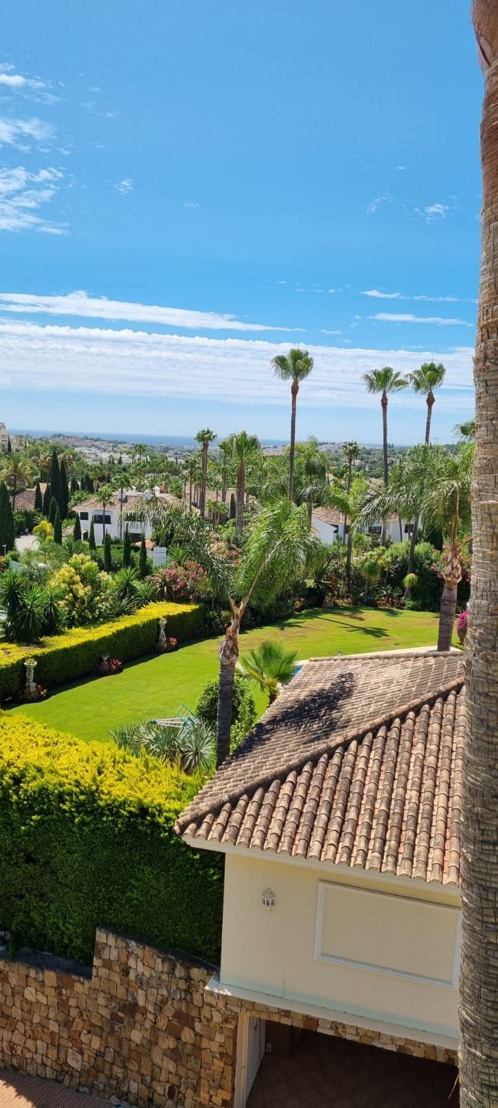 Una vista de un exuberante campo verde desde un balcón de una casa.