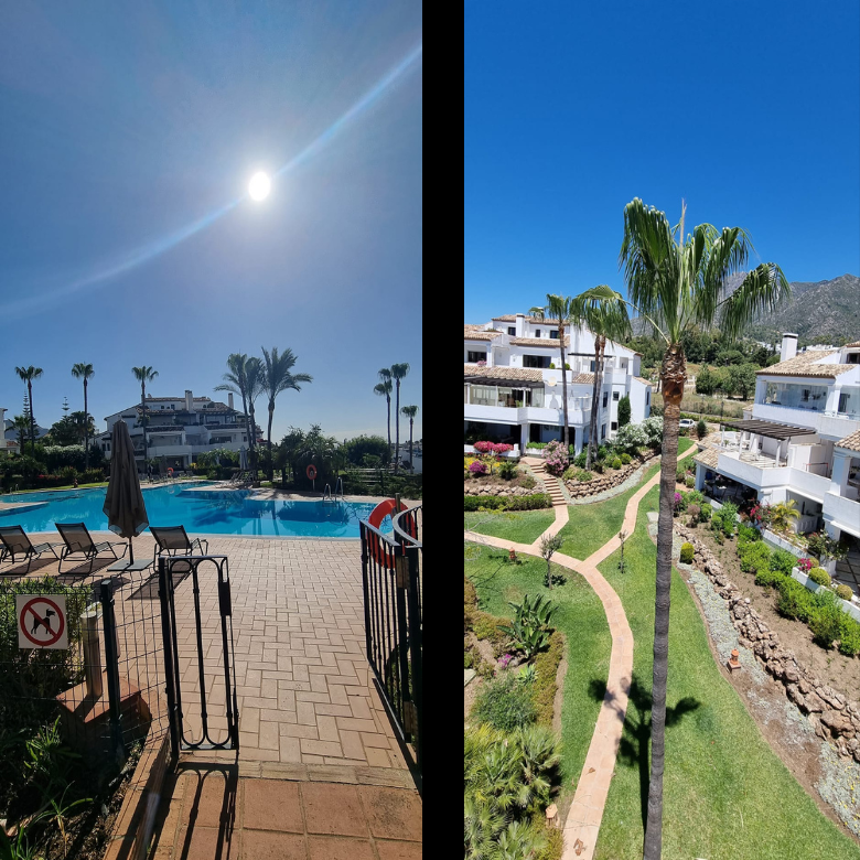 Una foto de una piscina y una foto de una casa.