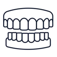 Un dibujo lineal de un conjunto de dientes sobre un fondo blanco.