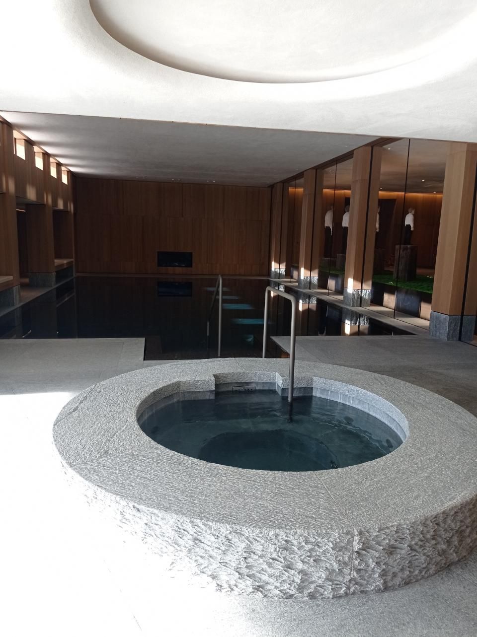In einem modernen, holzgetäfelten Raum befindet sich vor einem rechteckigen Hallenbad ein Whirlpool mit hellen Steinkanten.