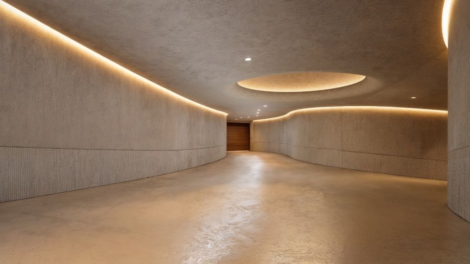 Ein geschwungener Betonkorridor, der von sanft eingelassenen LED-Leuchten und einem runden Deckenoberlicht erhellt wird.