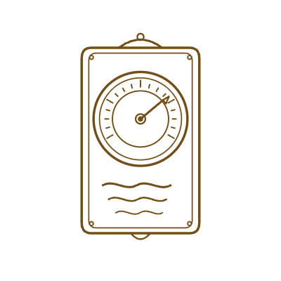 Vintage thermostat with a round dial and wavy heat lines, drawn in brown outline on a white background