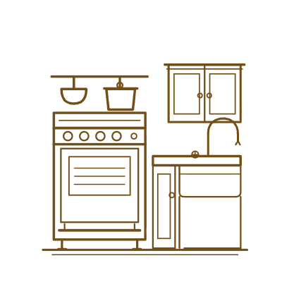 Line-art kitchen with stove, sink, and upper cabinets in brown outline on white background