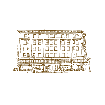 Line drawing of a four-story building facade with storefronts at street level.