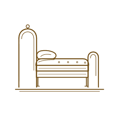Minimal brown line drawing of a bed with a pillow and curved headboard and footboard