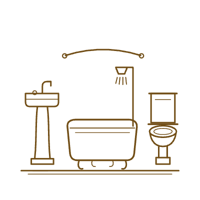 Gold line drawing of a bathroom with sink, bathtub, shower, and toilet