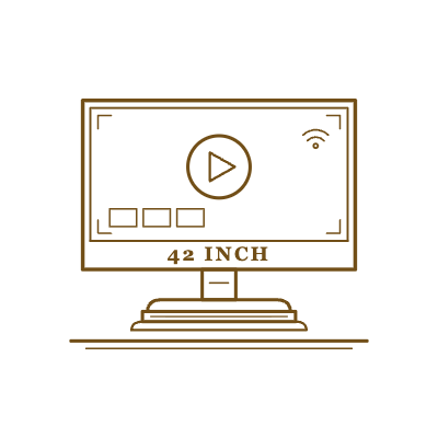 Minimal line drawing of a 42-inch TV with play icon and Wi‑Fi symbol on a stand
