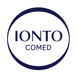 Ein Logo für Ionto kam in einem blauen Kreis auf weißem Hintergrund