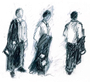 Trois esquisses au fusain représentant des personnages debout, de face, de profil et de dos.