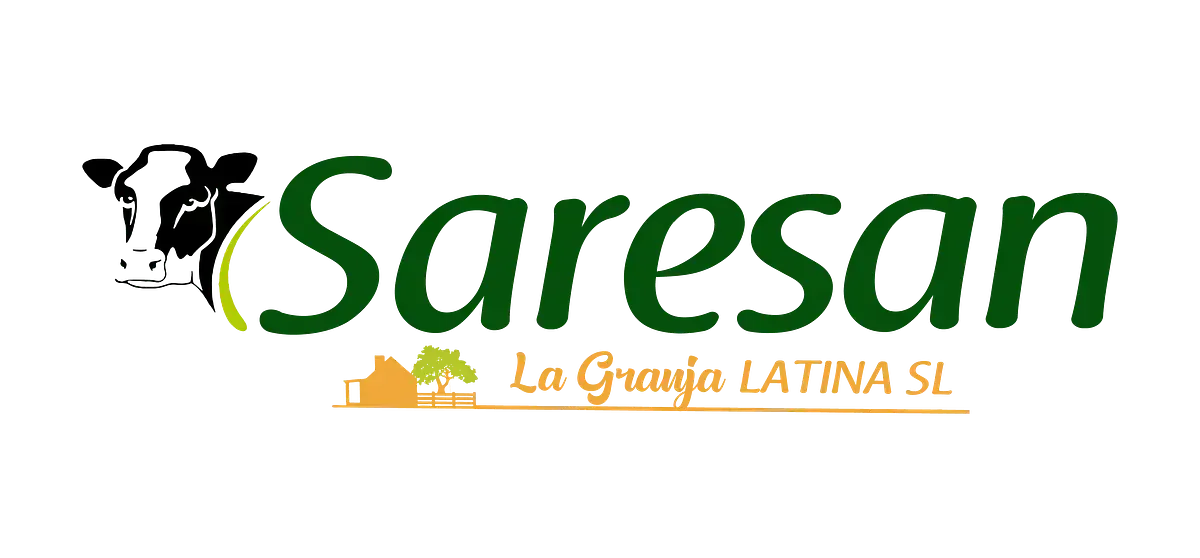 Logotipo para Saresan La Granja Latina SL, una granja; presenta una cabeza de vaca, texto verde y una ilustración de la granja.