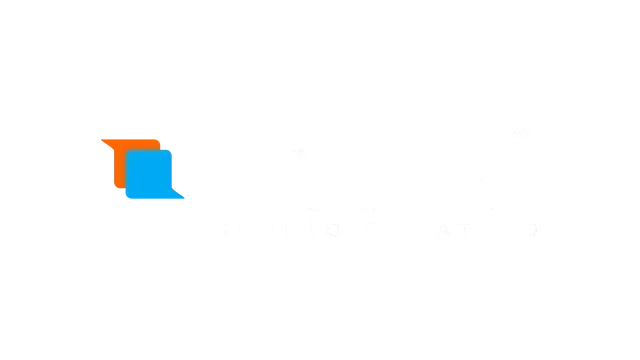 Logotipo con dos burbujas de diálogo superpuestas, una naranja y otra azul, a la izquierda del texto blanco.