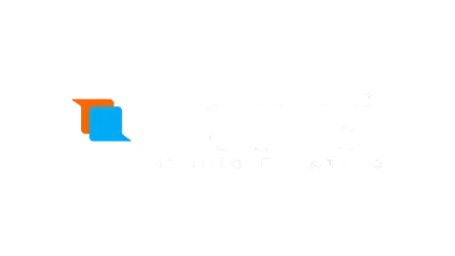 Logotipo con dos burbujas de diálogo superpuestas, una naranja y otra azul, a la izquierda del texto blanco.