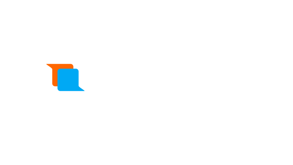 Dos globos de diálogo superpuestos, uno naranja y otro azul, sobre un fondo blanco.