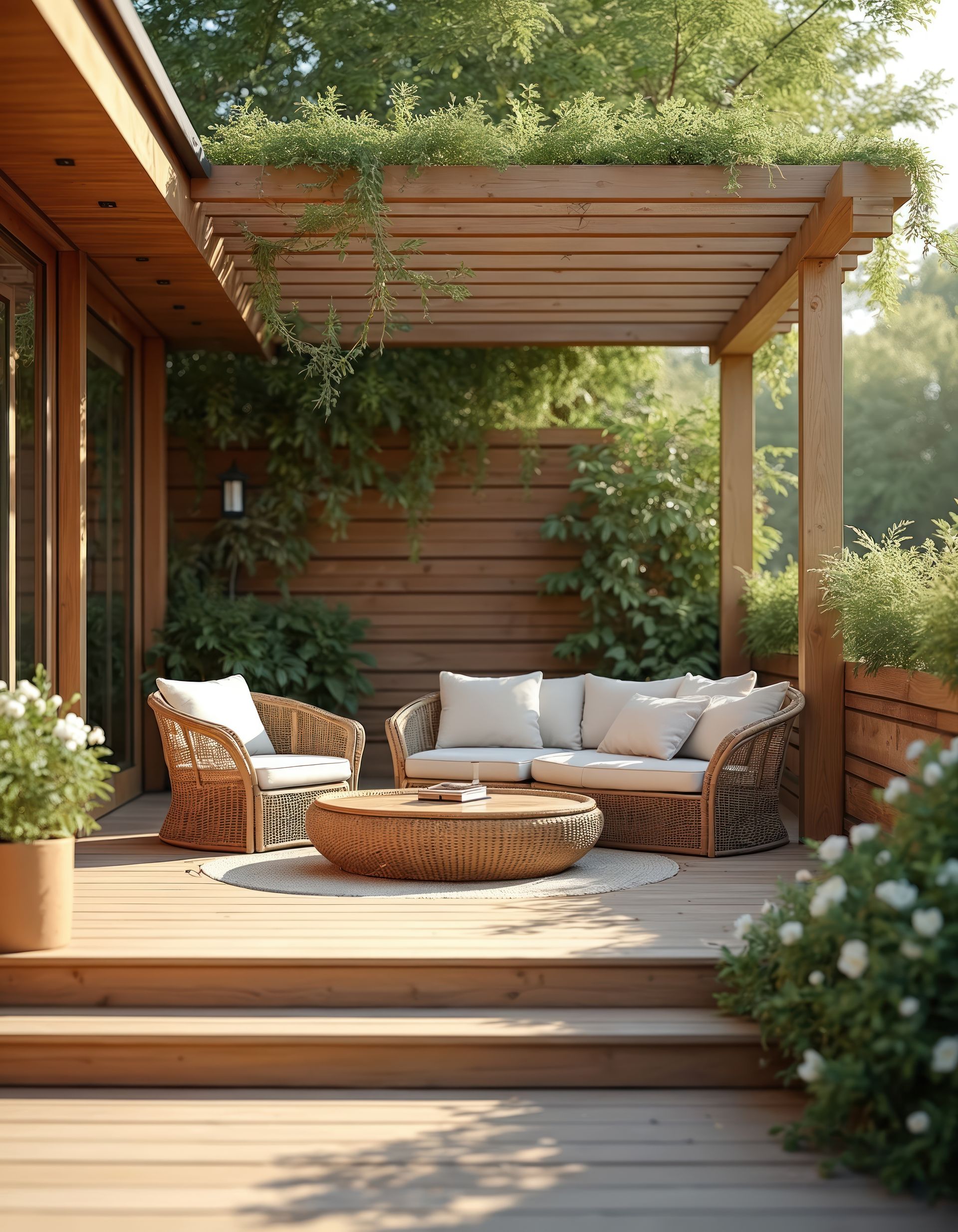 Terrasse en bois avec mobilier de jardin sous une pergola, entourée de verdure.
