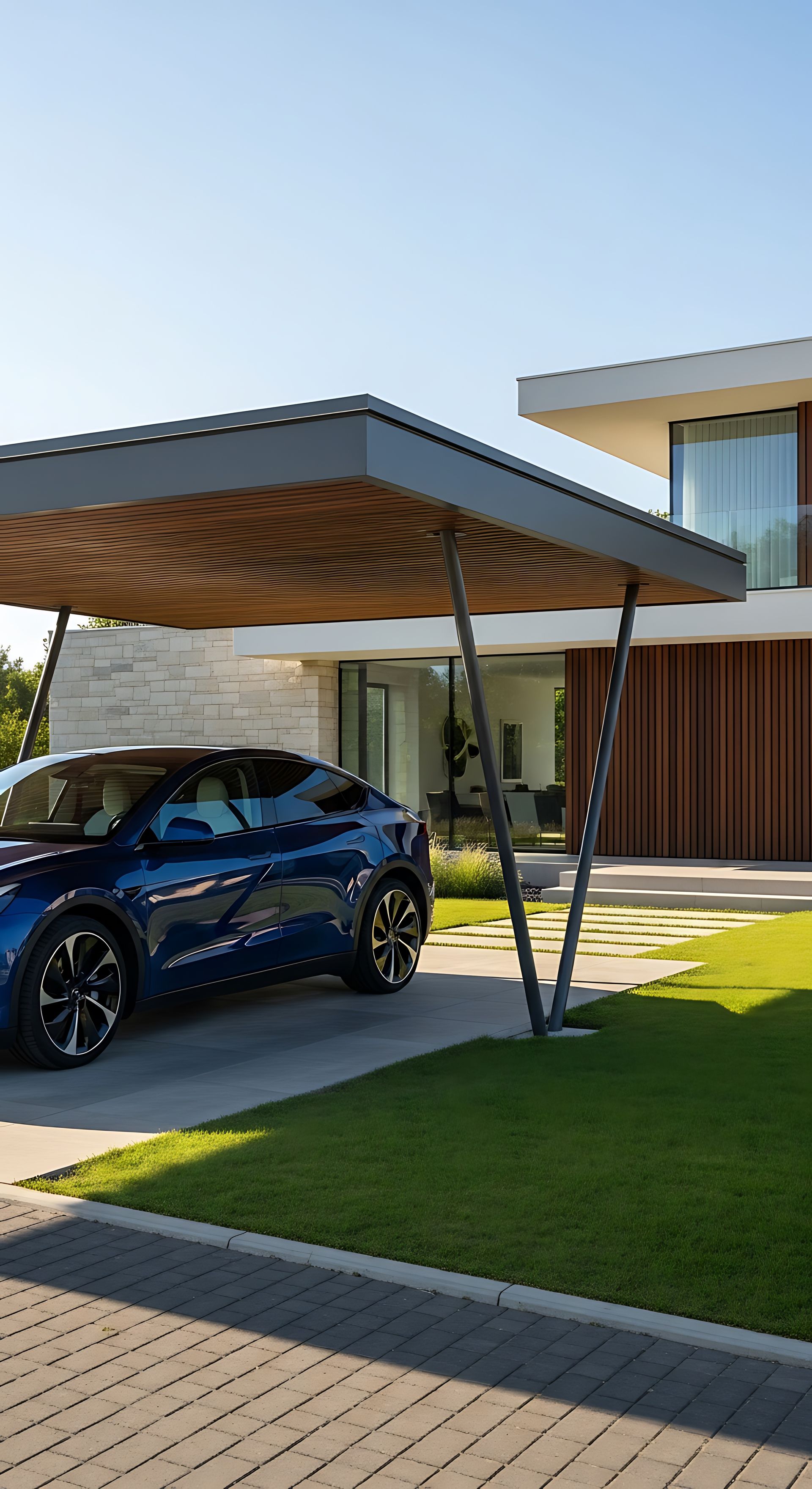 Voiture bleue garée sous un abri devant une maison moderne par une journée ensoleillée.