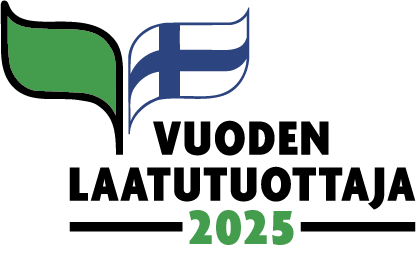 Vuoden laatutuottaja 2025 -logo, musta ja vihreä teksti, vihreä ja sininen tunnus