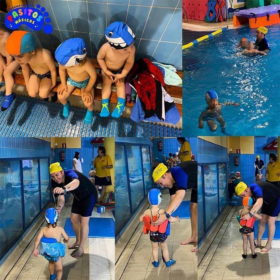 Un collage de fotos de niños en una piscina con la palabra asitos en la parte inferior.