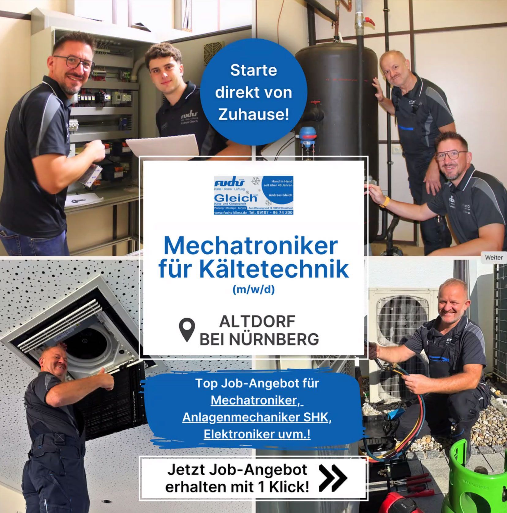 Stellenanzeige: Mechatroniker/in für Kältetechnik in Altdorf. Männerteam bei der Arbeit mit Geräten.