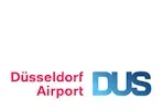 Logo des Flughafens Düsseldorf mit rotem Text und blauen DUS-Buchstaben auf weißem Hintergrund