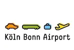 Logo des Flughafens Köln/Bonn mit orangefarbenen, grünen, blauen und gelben Symbolen über dem Text