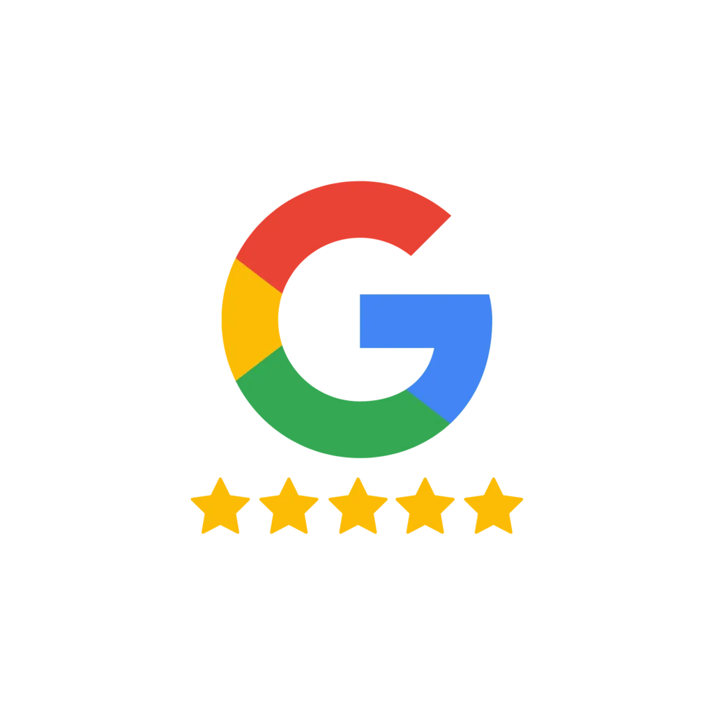 Google-Logo mit fünf goldenen Sternen Google-Logo mit fünf goldenen Sternen darunter