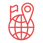 Rotes Liniensymbol einer Weltkugel mit Standortmarkierung und kleiner Flagge.