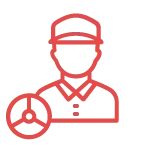 Rotes Liniensymbol eines Arbeiters mit Schutzhelm und einem kleinen Netzwerk-/Share-Symbol unten links