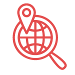 Rote Standortmarkierung über einem Globus mit Lupensymbol