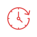 Rotes Uhrensymbol mit kreisförmigem Pfeil, das auf eine Aktualisierung oder einen Zeitreset hinweist.