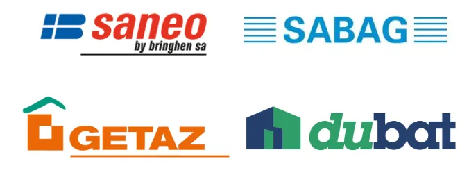 Logos pour Saneo, Sabag, Getaz et Dubat, avec des couleurs variées et des icônes en forme de maison.