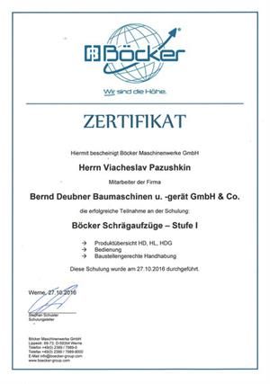 Auf weißem Hintergrund befindet sich ein Zertifikat einer Firma namens Bocker.