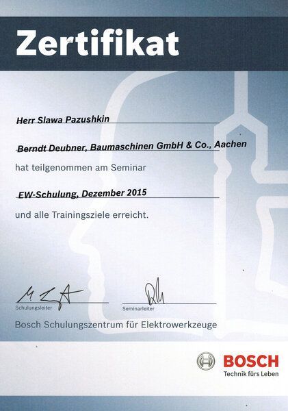 Ein Bosch-Zertifikat wird auf weißem Hintergrund angezeigt.