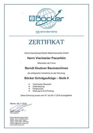 Auf weißem Hintergrund befindet sich ein Zertifikat einer Firma namens Bocker.