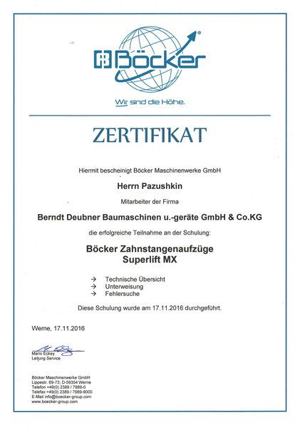 Auf weißem Hintergrund befindet sich ein Zertifikat einer Firma namens Bocker.