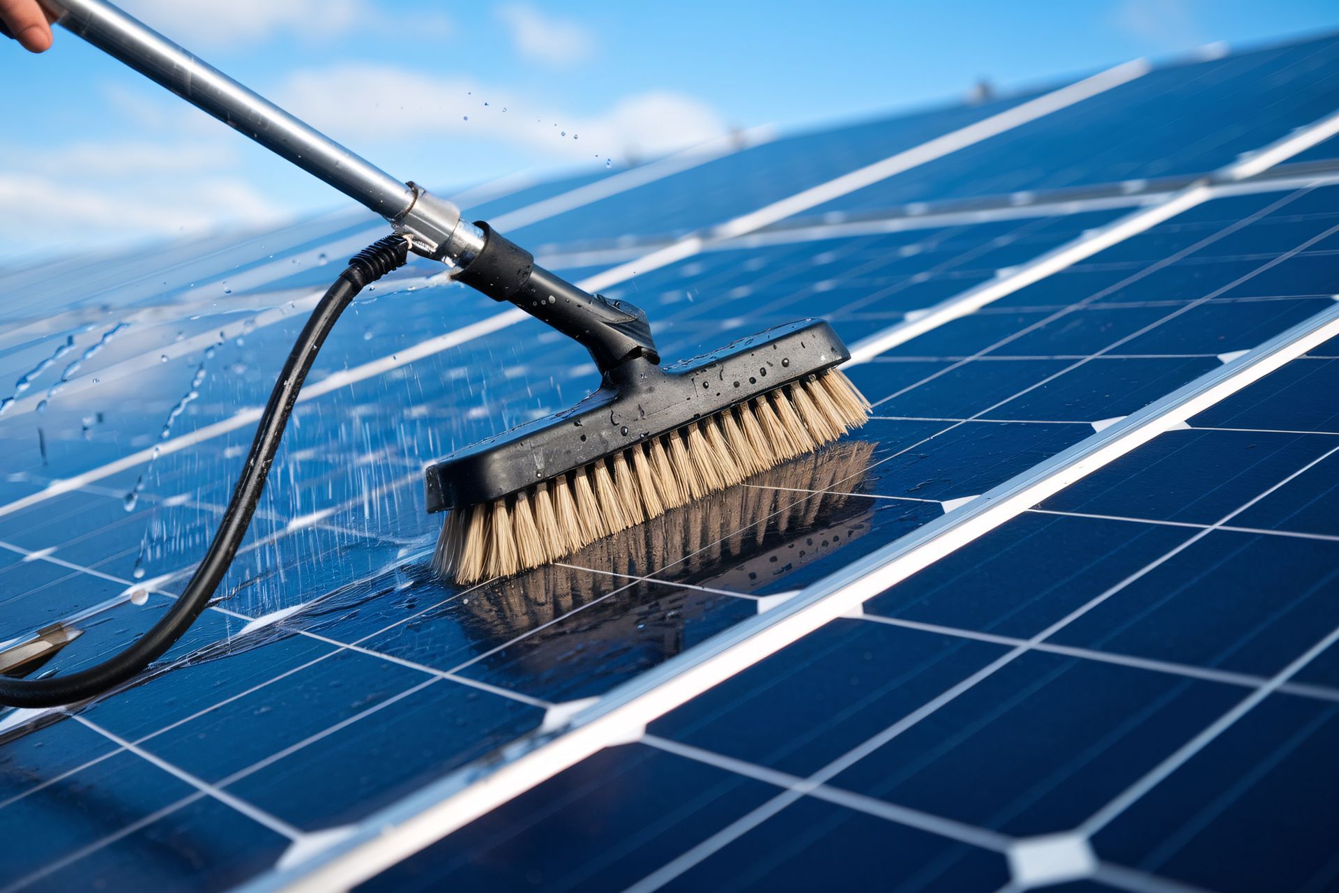 Une personne nettoie un panneau solaire avec une brosse.