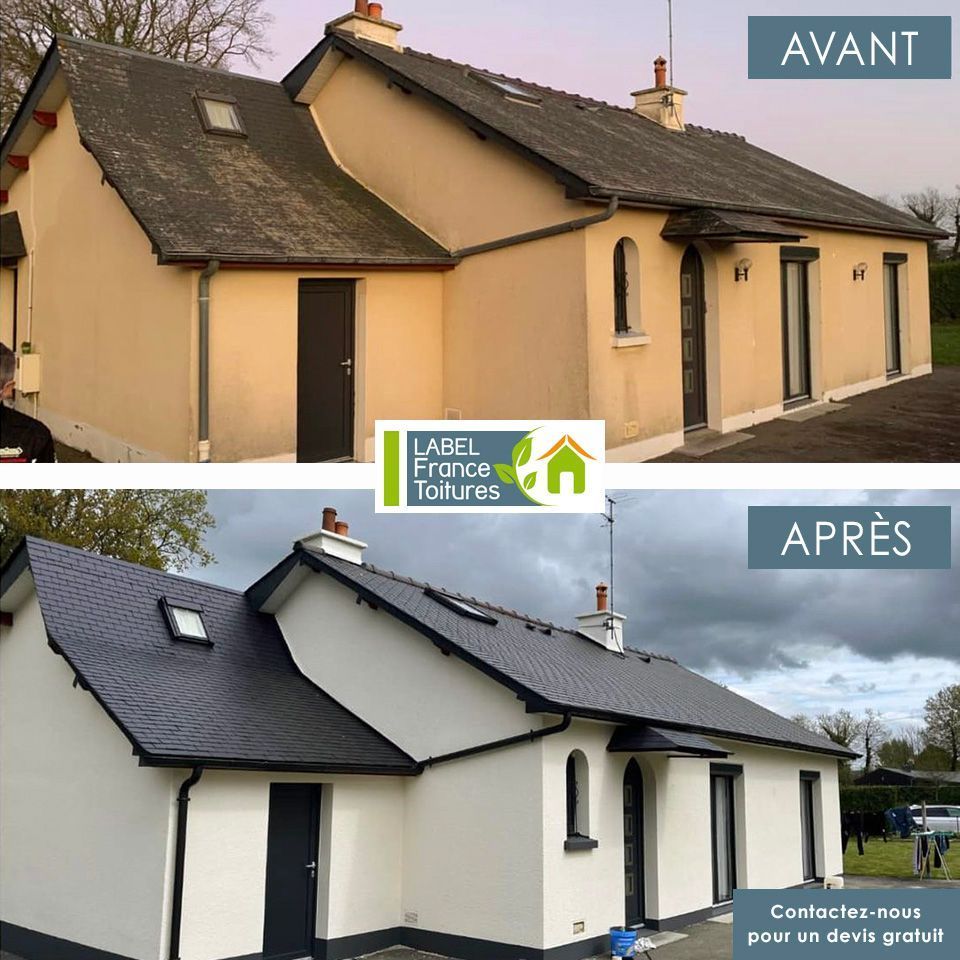 Photos avant et après de la rénovation d'une maison, montrant la toiture remplacée et les murs extérieurs repeints.